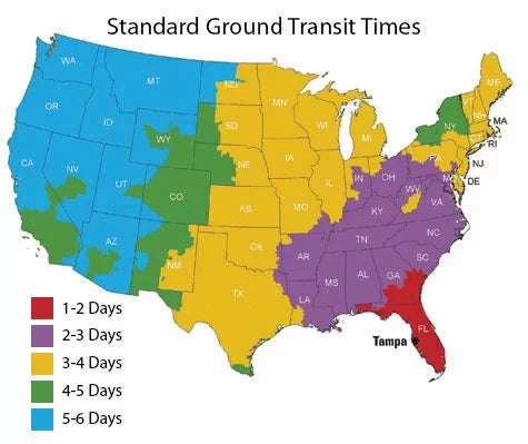 US map showing FedEx standard ground shipping transit times by region, color-coded from 1 to 6 days.