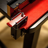 Router table fence accessory with red anodized aluminum and precision adjustment knob