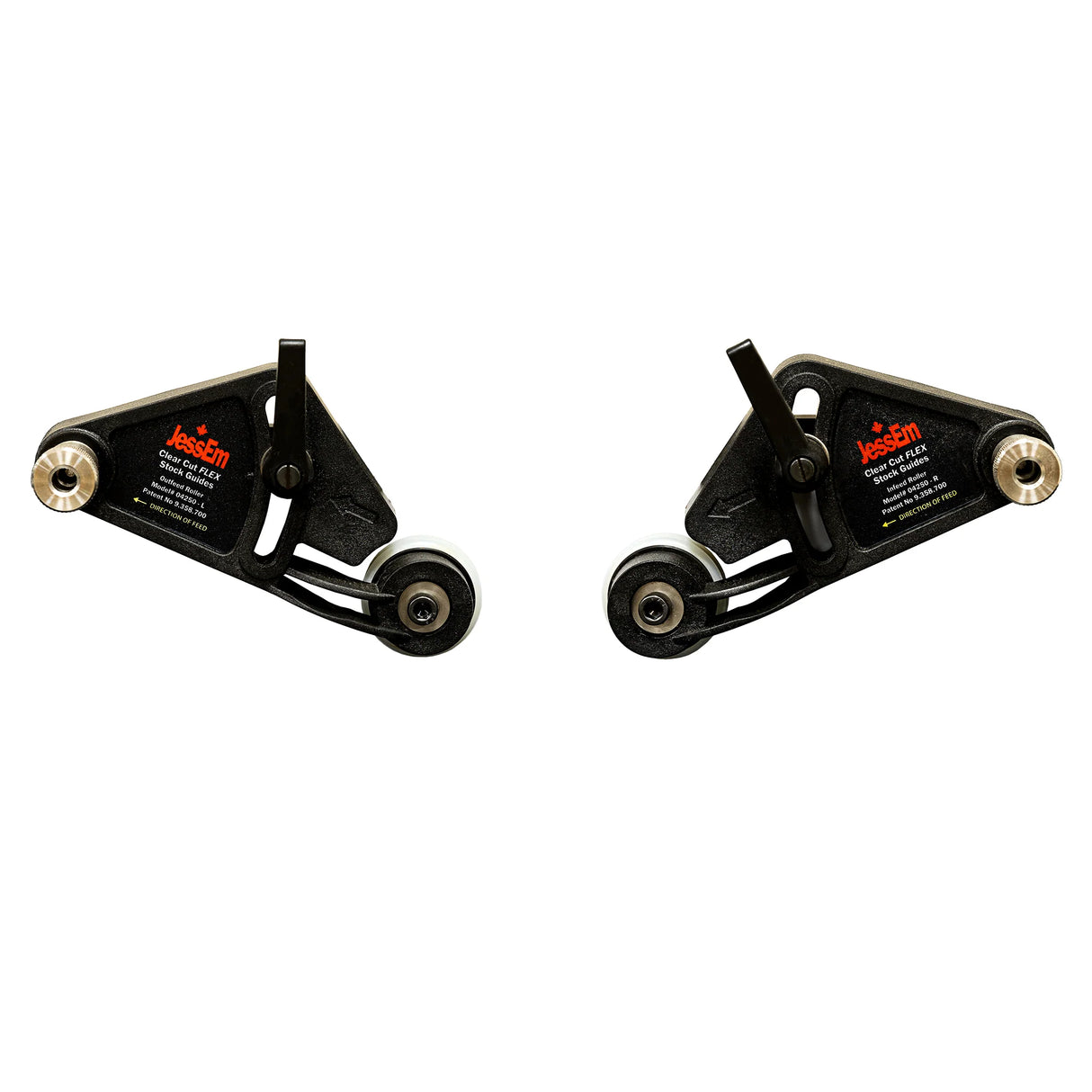 Pair of router table stock guides with black arms and white roller wheels for woodworking.