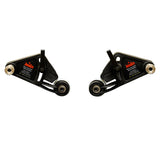 Pair of router table stock guides with black arms and white roller wheels for woodworking.