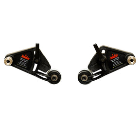 Pair of router table stock guides with black arms and white roller wheels for woodworking.