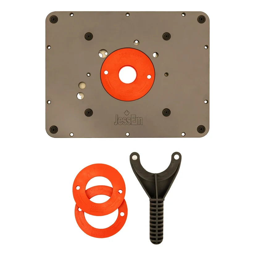 Jessem Router Table Insert plate with size rings and installing tool