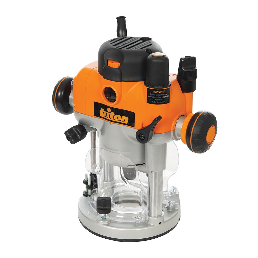 Plunge router for woodworking with orange and black housing and precision adjustment knobs