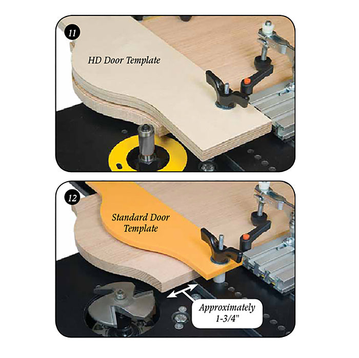 HD door template and standard door template clamped to router table for woodworking