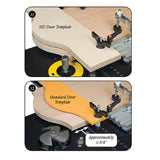 HD door template and standard door template clamped to router table for woodworking