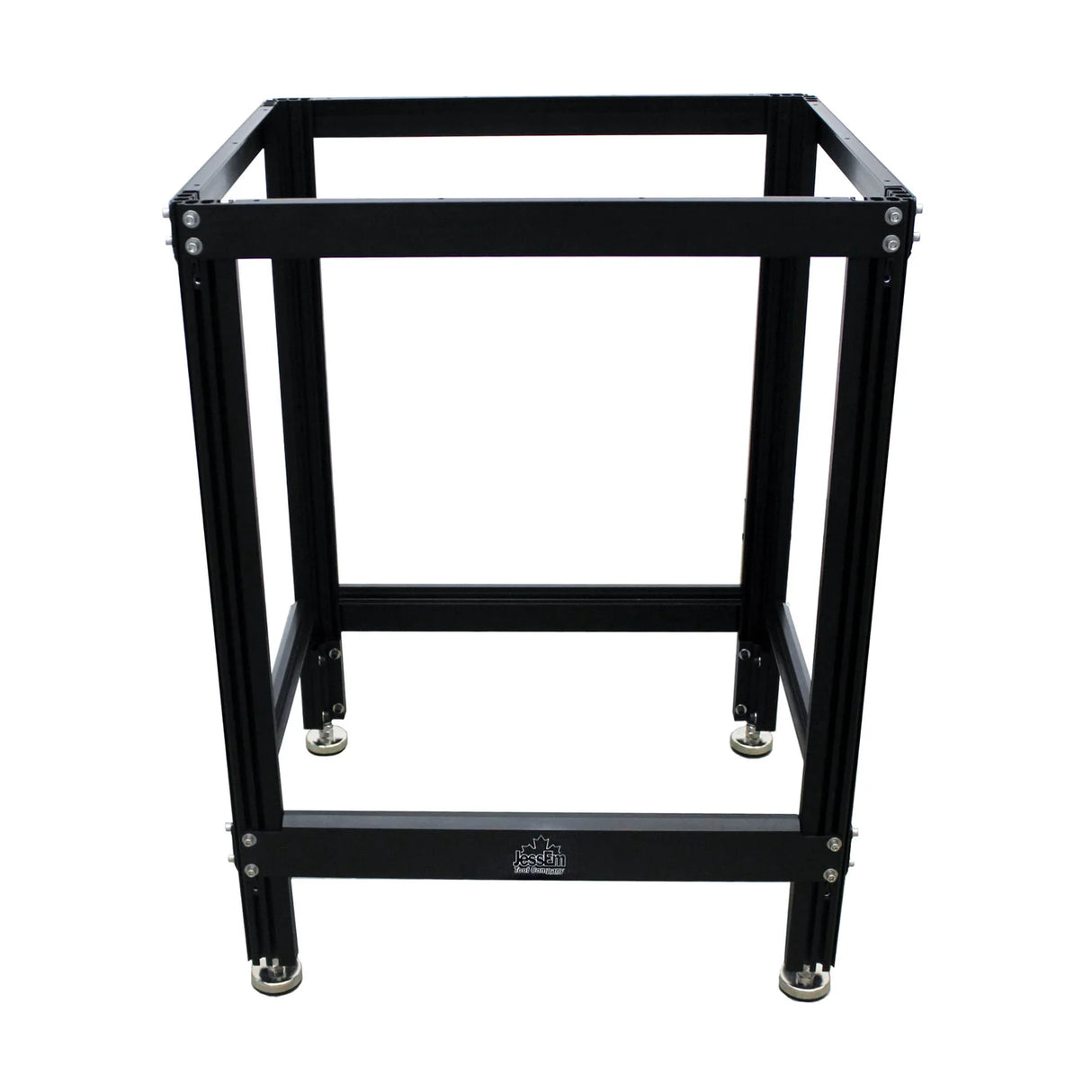 Sturdy black metal router table stand frame with adjustable feet for woodworking shops