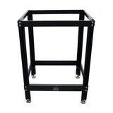 Sturdy black metal router table stand frame with adjustable feet for woodworking shops