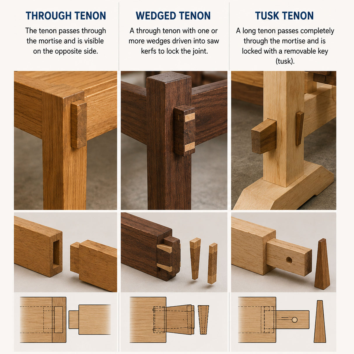 Different joinery examples that the flat top dado stack blades can make.