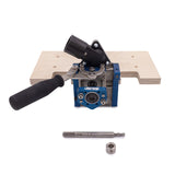 Pocket hole jig with clamp handle, dust port, wood base, drill bit and stop collar