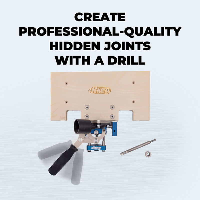Kreg pocket hole jig with wood panel and drill bit for precise woodworking joints