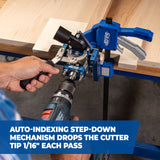 Woodworker using a pocket hole jig and drill on clamped wood panel, auto-indexing feature shown.