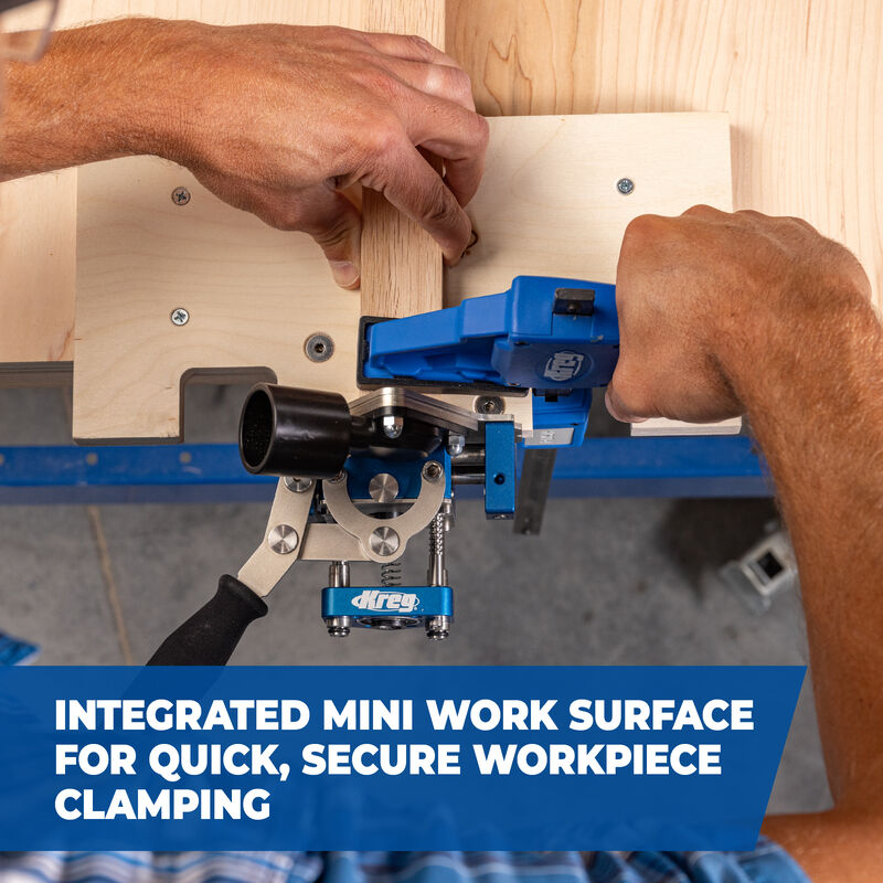Woodworker using a pocket hole jig and clamp to join wooden boards on a workbench.