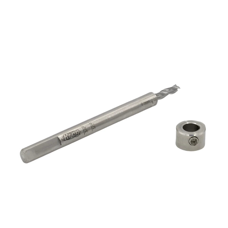 Carbide woodworking drill bit with depth stop collar on white background