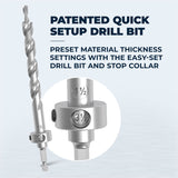 Quick setup drill bit with stop collar showing preset thickness settings for woodworking.