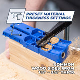 Blue woodworking pocket hole jig with preset material thickness settings in use on wood block.