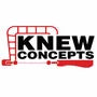 Hand saw graphic with 'Knew Concepts' text, woodworking tools logo design