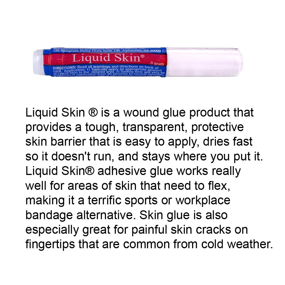 Liquid Skin wound glue tube with product description about protective adhesive for skin.