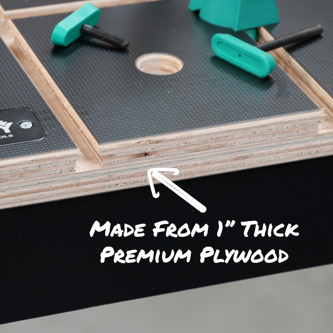 Close-up of 1-inch thick premium plywood woodworking table with hardware and text overlay.