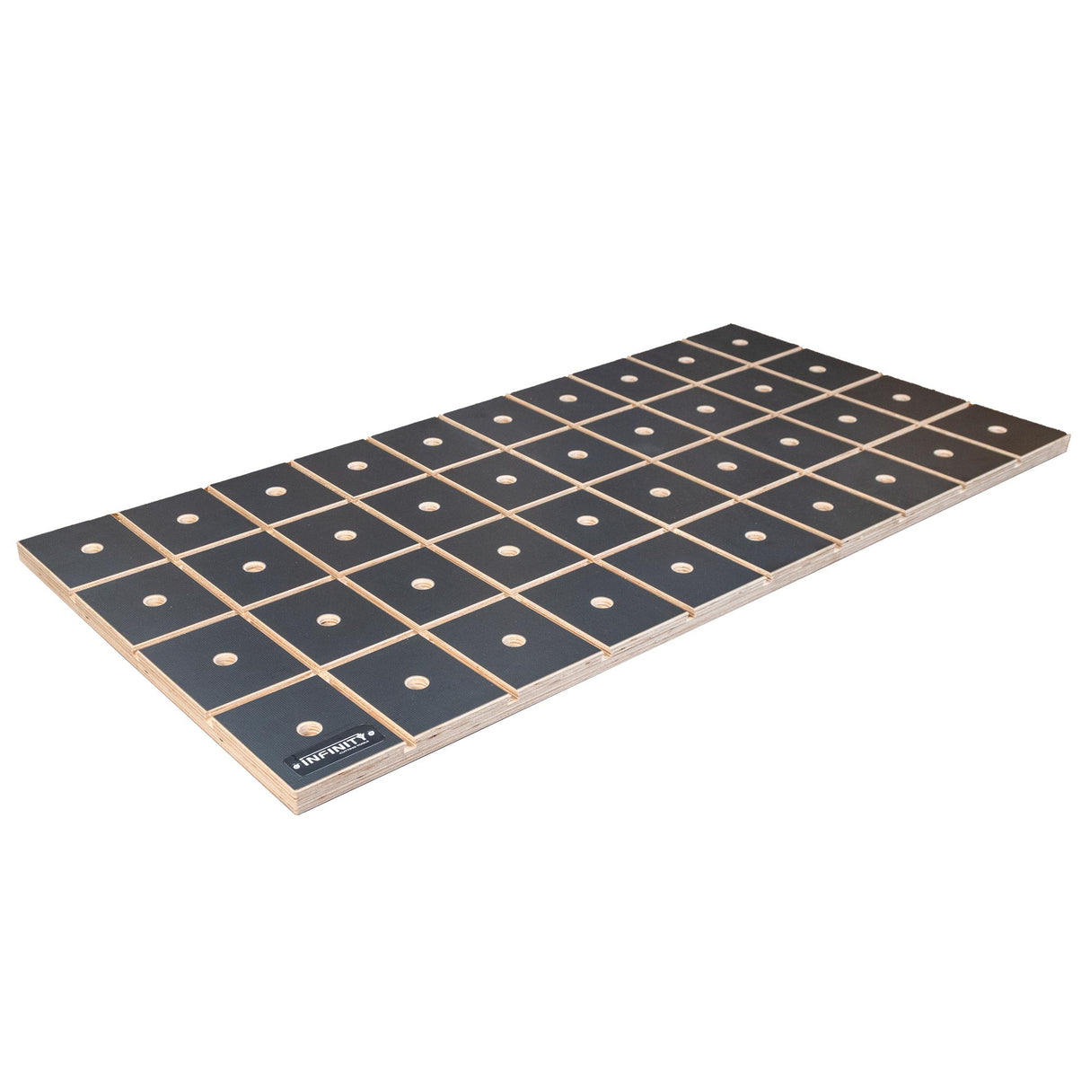 MFT style woodworking workbench top with grid pattern and dog holes on white background