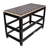 Heavy-duty woodworking workbench with grid-patterned top and steel frame on white background