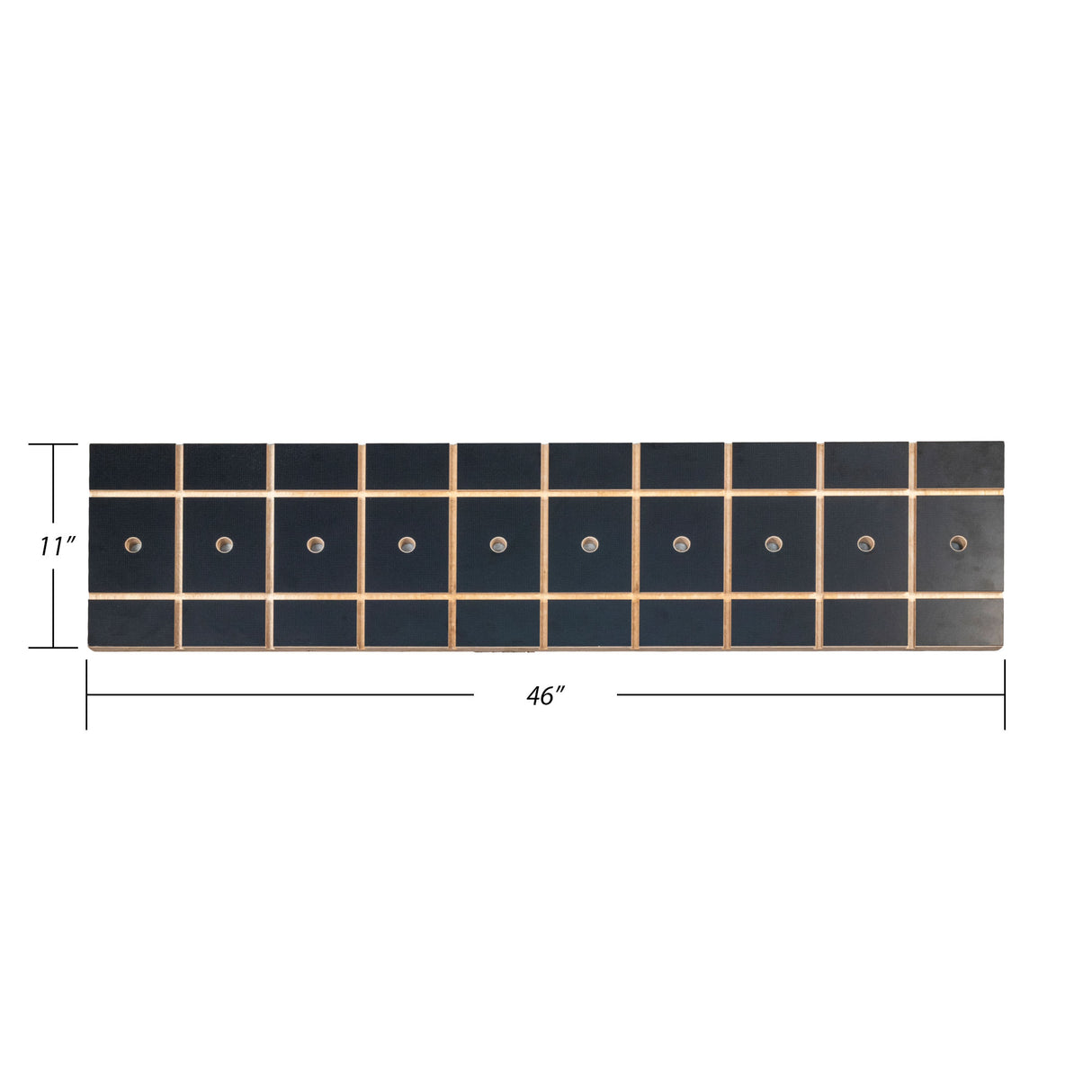 Black woodworking jig skirt with grid pattern, 46 by 11 inches, 12 mounting holes