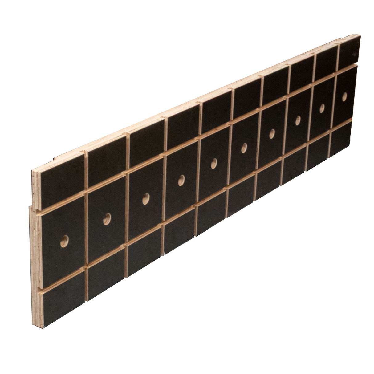 Woodworking table fence part with grid pattern and evenly spaced holes, isolated on white