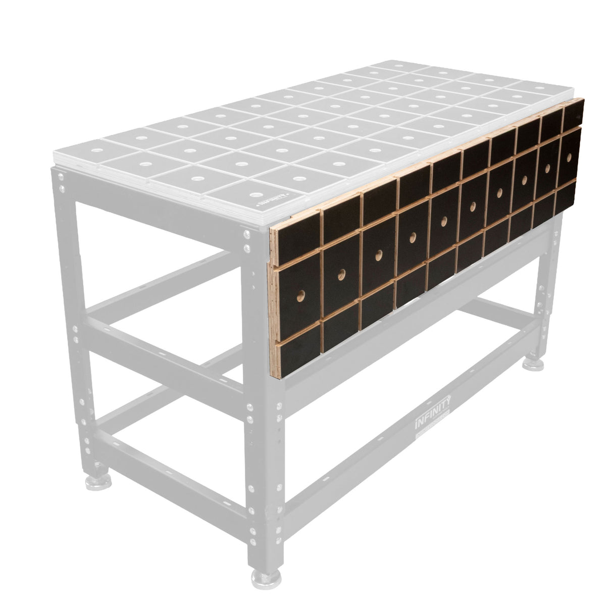 Black modular workbench drawer storage panel for woodworking shop organization