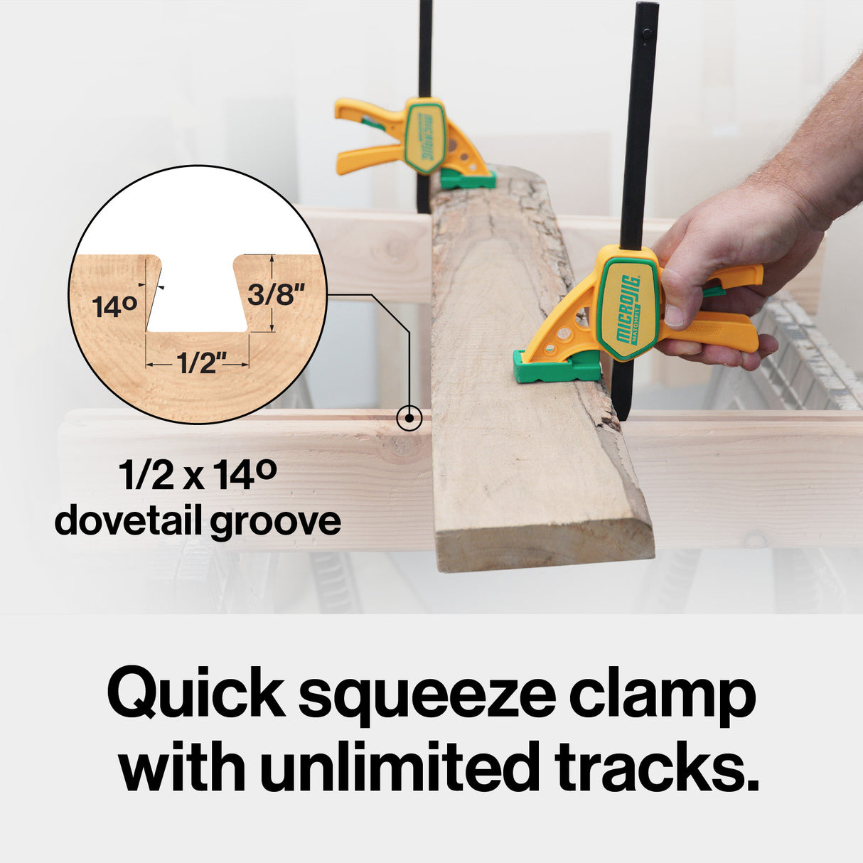 Hand using quick squeeze clamp on wooden board with 1/2 x 14° dovetail groove for woodworking.