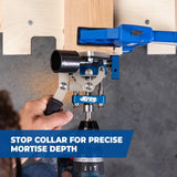 Mortise jig clamped to wood with stop collar for accurate mortise depth drilling