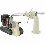 Woodworking power feeder with adjustable arms, motor, and mounting base on white background