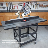 Router table with fence and mini power feeder in woodworking shop setting