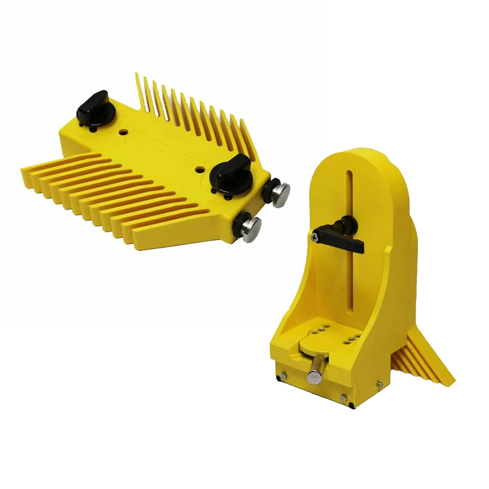 Yellow woodworking featherboard and vertical featherboard for router table safety