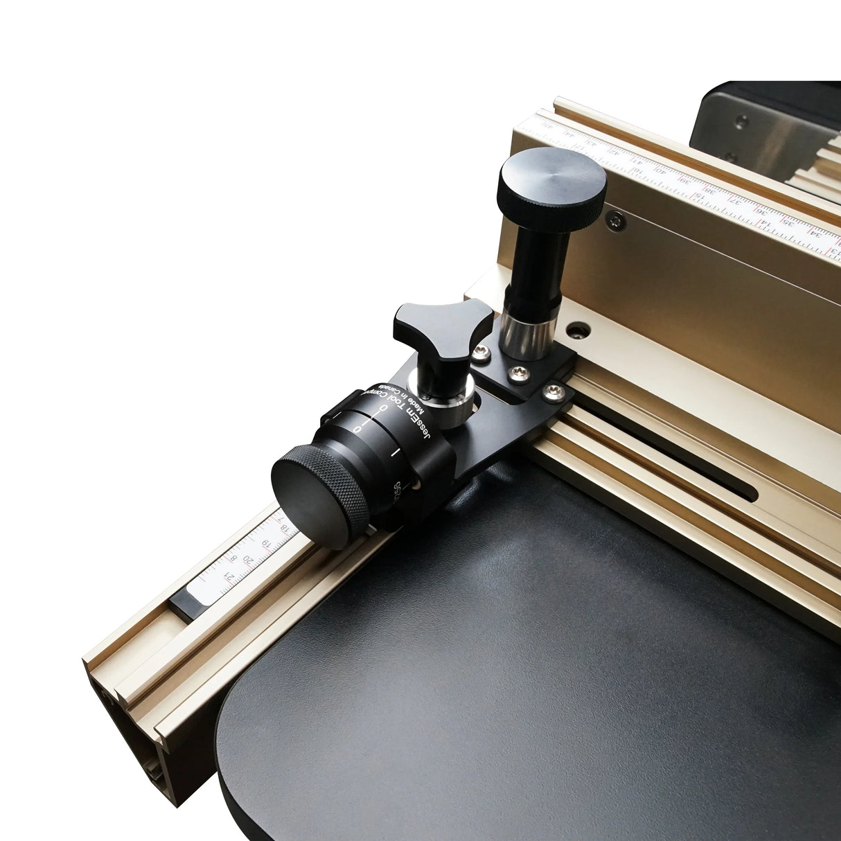 Micro-adjustable router table fence with precision dial and measurement scale for woodworking