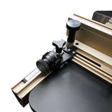 Micro-adjustable router table fence with precision dial and measurement scale for woodworking