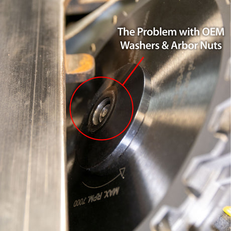 Close-up of table saw blade with OEM washer and arbor nut highlighted for woodworking safety