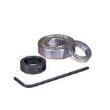 Router bit bearing kit with sealed ball bearings, hex key, and locking collar on white background