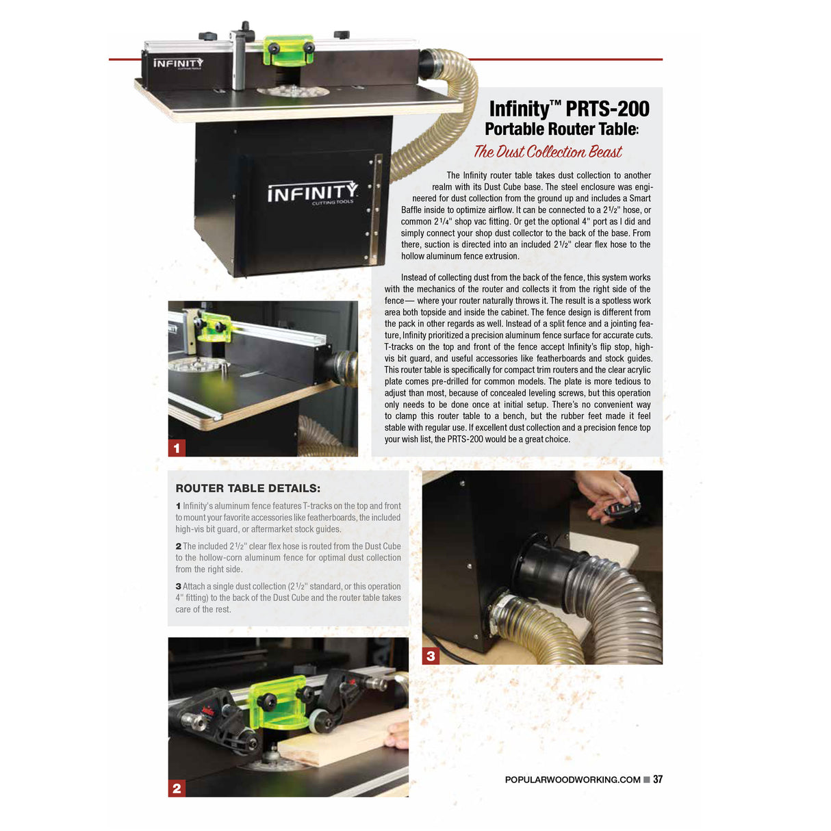 Portable router table with dust collection system and clear hose, shown in woodworking setup.