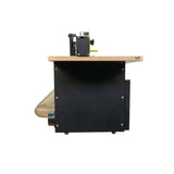 Portable router table system side view with dust collection hose and black cabinet base