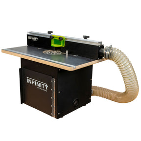 Portable router table system with dust collection hose and adjustable fence for woodworking