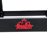 Close-up of a black metal woodworking stand with a red JessEm logo and maple leaf design.