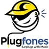 Plugfones logo with smiling face in yellow hard hat and text, earplugs with music