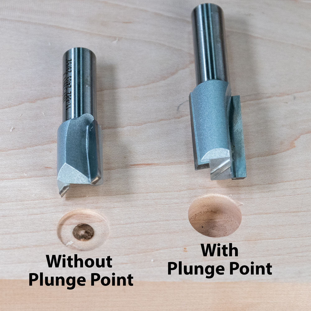 Comparison of plunge point and non-plunge point router bits with cut wood samples
