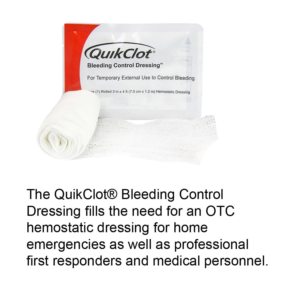 QuikClot bleeding control dressing with rolled hemostatic gauze for emergency wound care.
