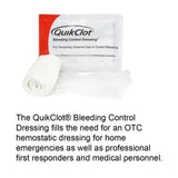 QuikClot bleeding control dressing with rolled hemostatic gauze for emergency wound care.
