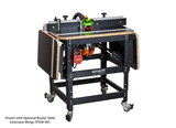 Router table with extension wings, rolling stand, and safety switch for woodworking.