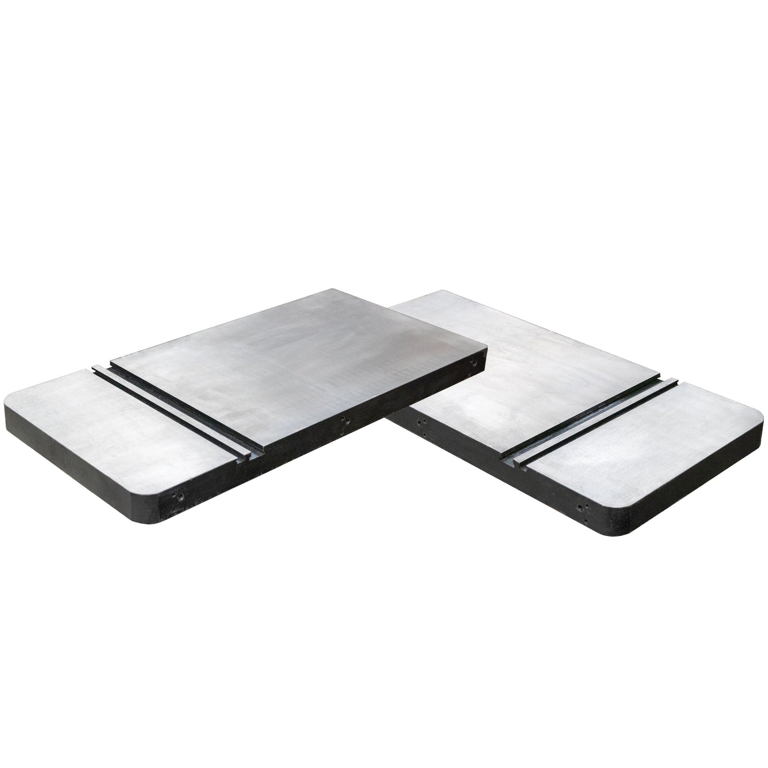 Cast iron router table wing extensions with miter slots on white background