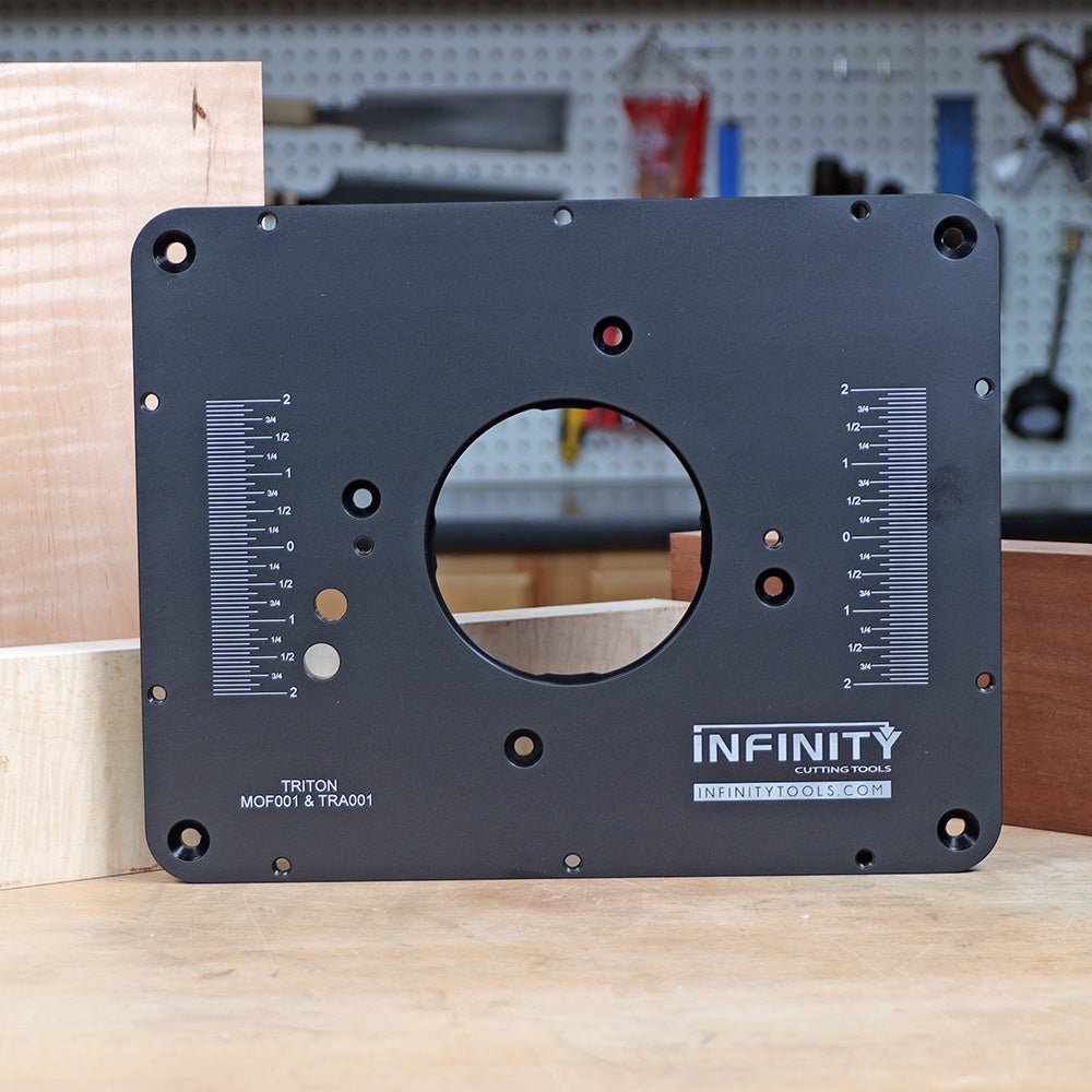 Router table insert plate for Triton MOF001 and TRA001, black metal with measurement markings