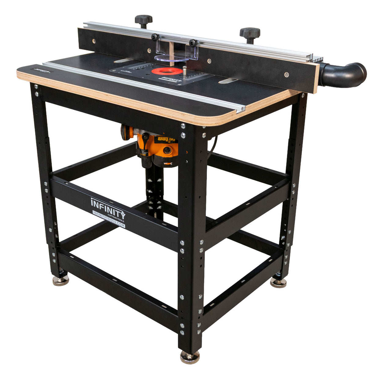 Heavy-duty woodworking router table with metal frame, dust port, and adjustable fence.