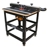 Heavy-duty woodworking router table with metal frame, dust port, and adjustable fence.