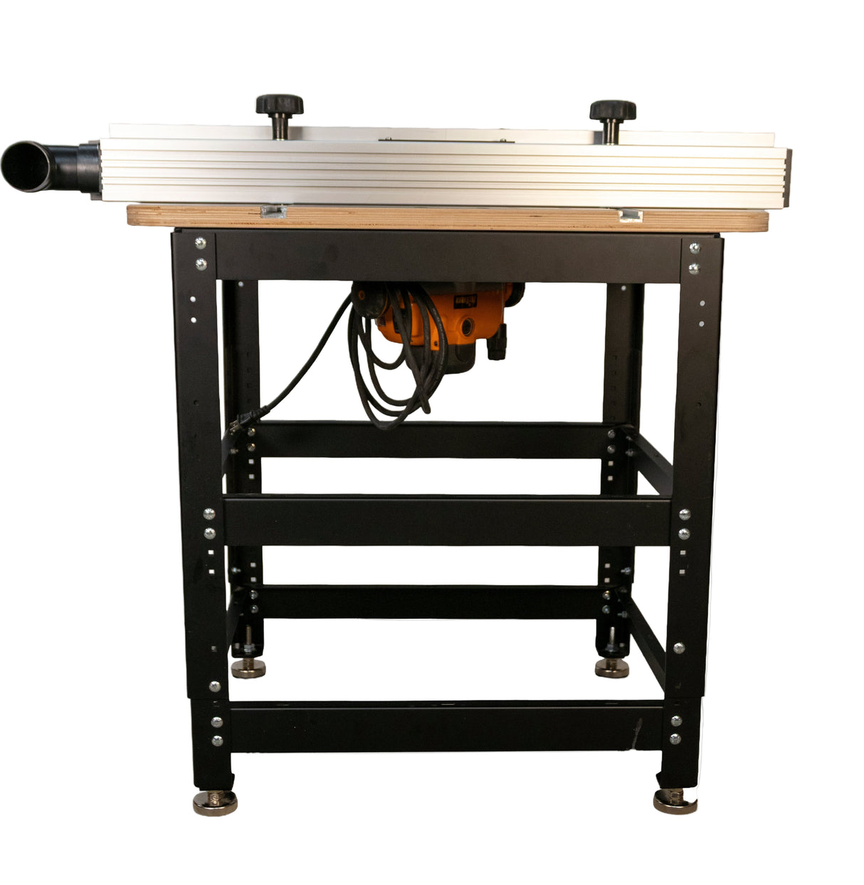 Back view of woodworking router table with metal legs, dust port, and mounted router.